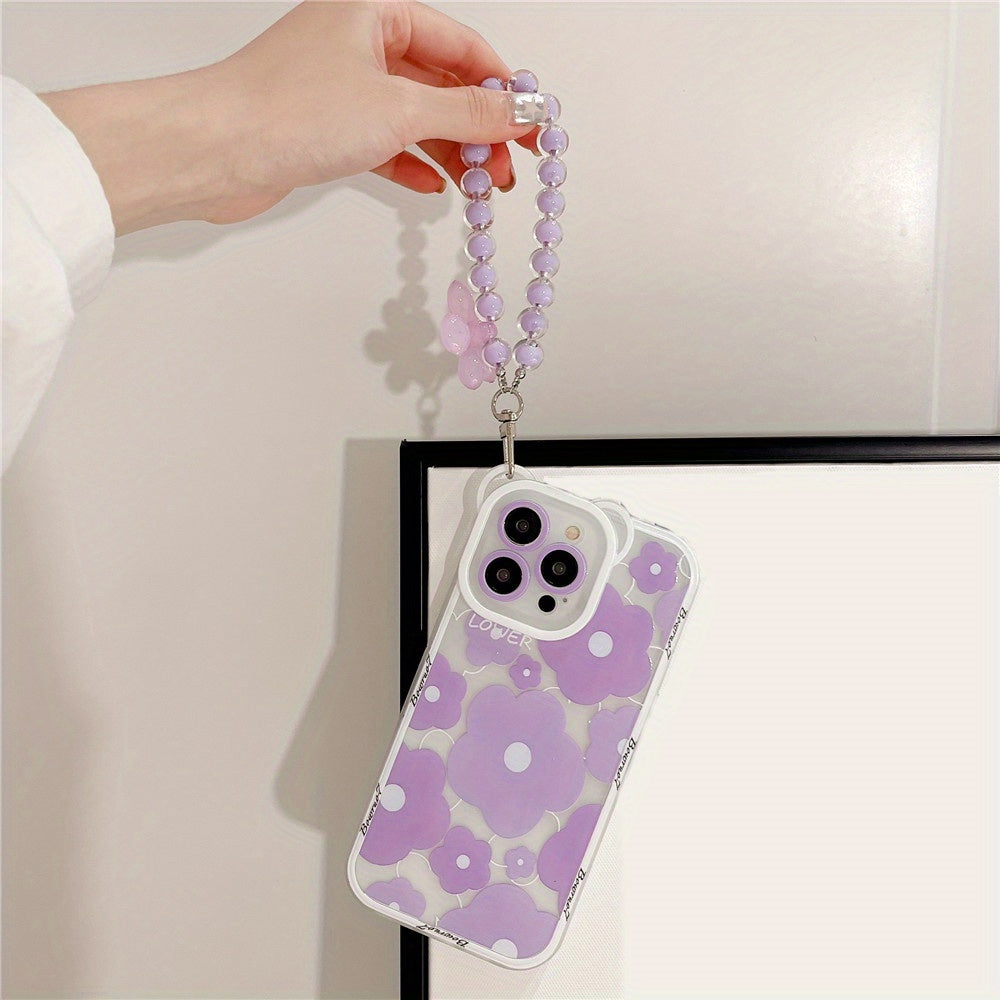 Luxury Cute Transparent Purple Bear Ear Egg Flower Soft Phone Case for iPhone 11 14 Pro Max 12 Pro 13 11 Pro Max 7 8 Plus Clear Cover with Flower Chain Lanyard